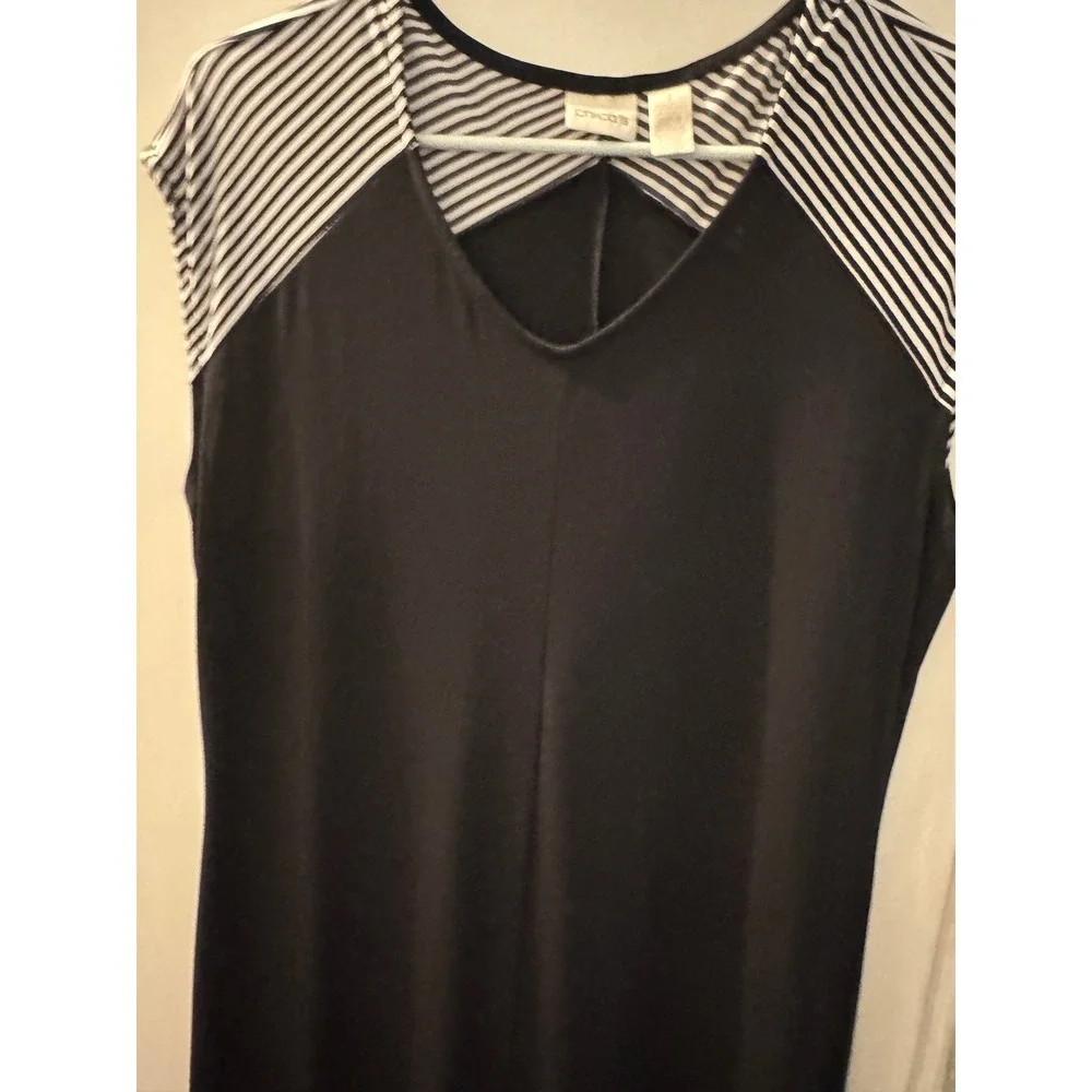Chicos Travelers Black Striped Maxi Dress V-Neck Sleeveless Size 1 M